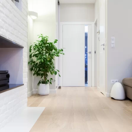 DRZWI VERTICAL V1 Z SZYBĄ BEZBARWNA PRZEZROCZYSTĄ - OŚCIEŻNICA STANDARD - OPASKI 80MM ŁĄCZONE PROSTO - KOLOR BIAŁY RAL 9003 SATYNA - ZAWIASY CHOWANE