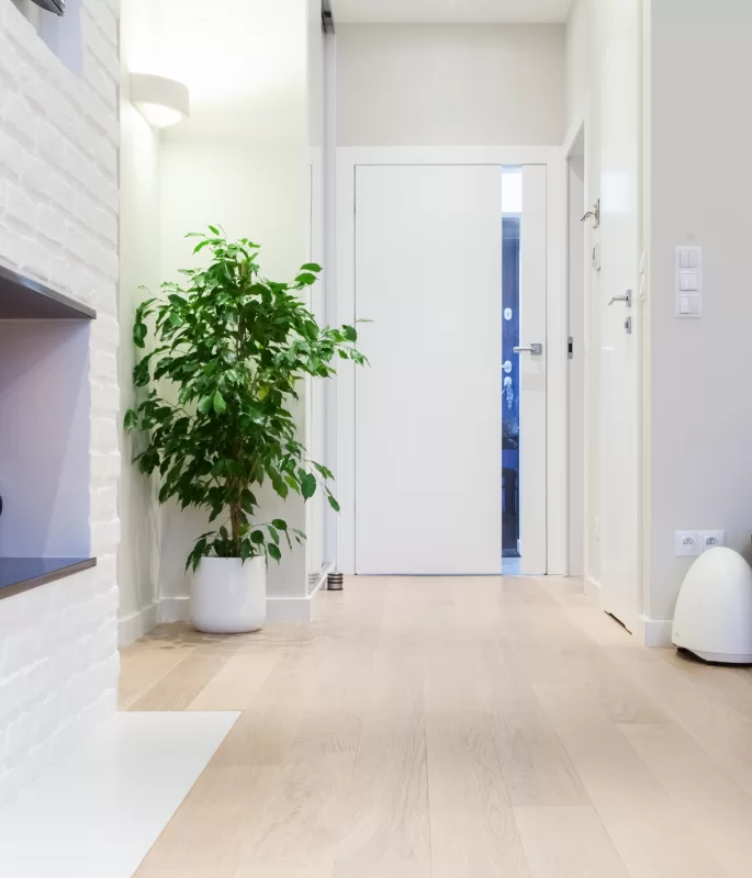 VERTICAL V1 DOOR WITH CLEAR TRANSPARENT GLASS - STANDARD DOOR FRAME - 80MM STRAIGHT JOINTS - WHITE RAL 9003 SATIN FINISH - CONCEALED HINGES