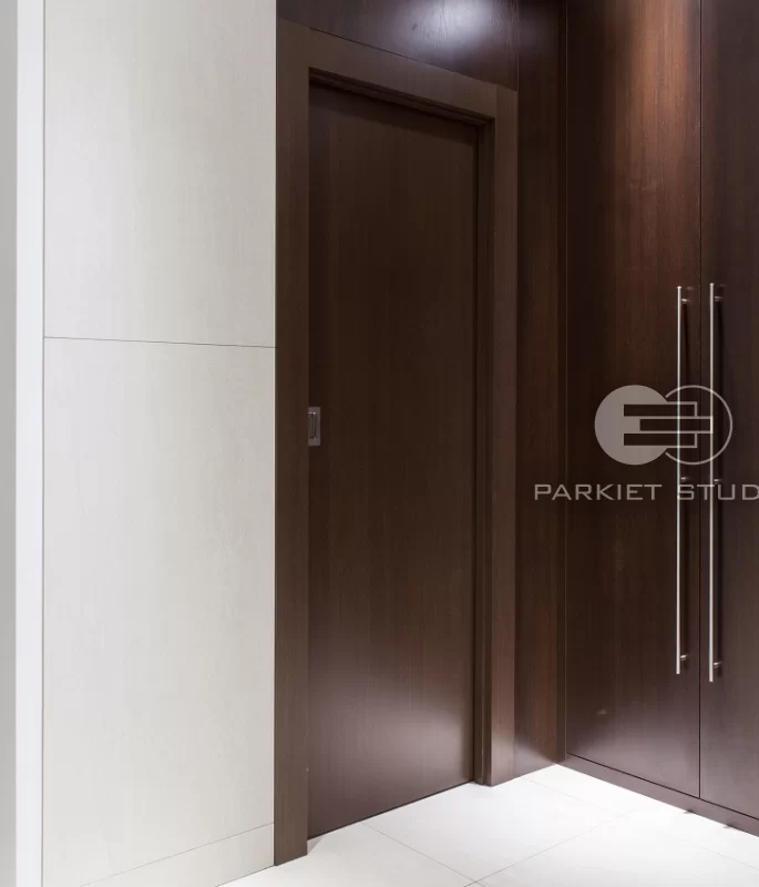 DRZWI TAFLA T1 SUWANE W KASECIE ECLISSE - OŚCIEŻNICA STANDARD 80MM - FORNIR WENGE - UCHWYT WPUSZCZONY PROSTAKĄTNY STAL