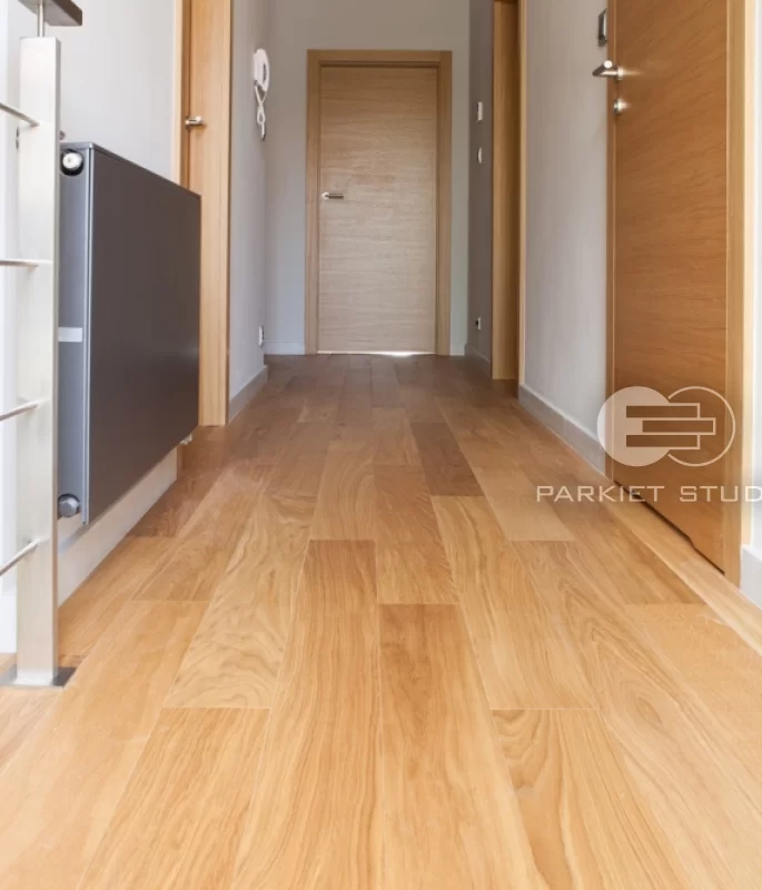 GLASS DOOR T2 HORIZONTAL LAYERING - 45 DEGREE SLOPED DOOR FRAME - 80MM STRIPS - NATURAL OAK VENEER - CONCEALED HINGES